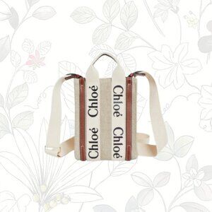 Chloé Mini Woody Linen Canvas North/South Tote- White-Brown